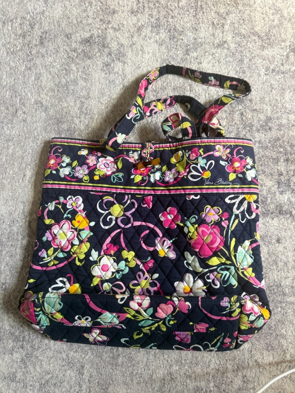 Vera Bradley Navy Floral Quilted Tote with Pink and Yellow Accents